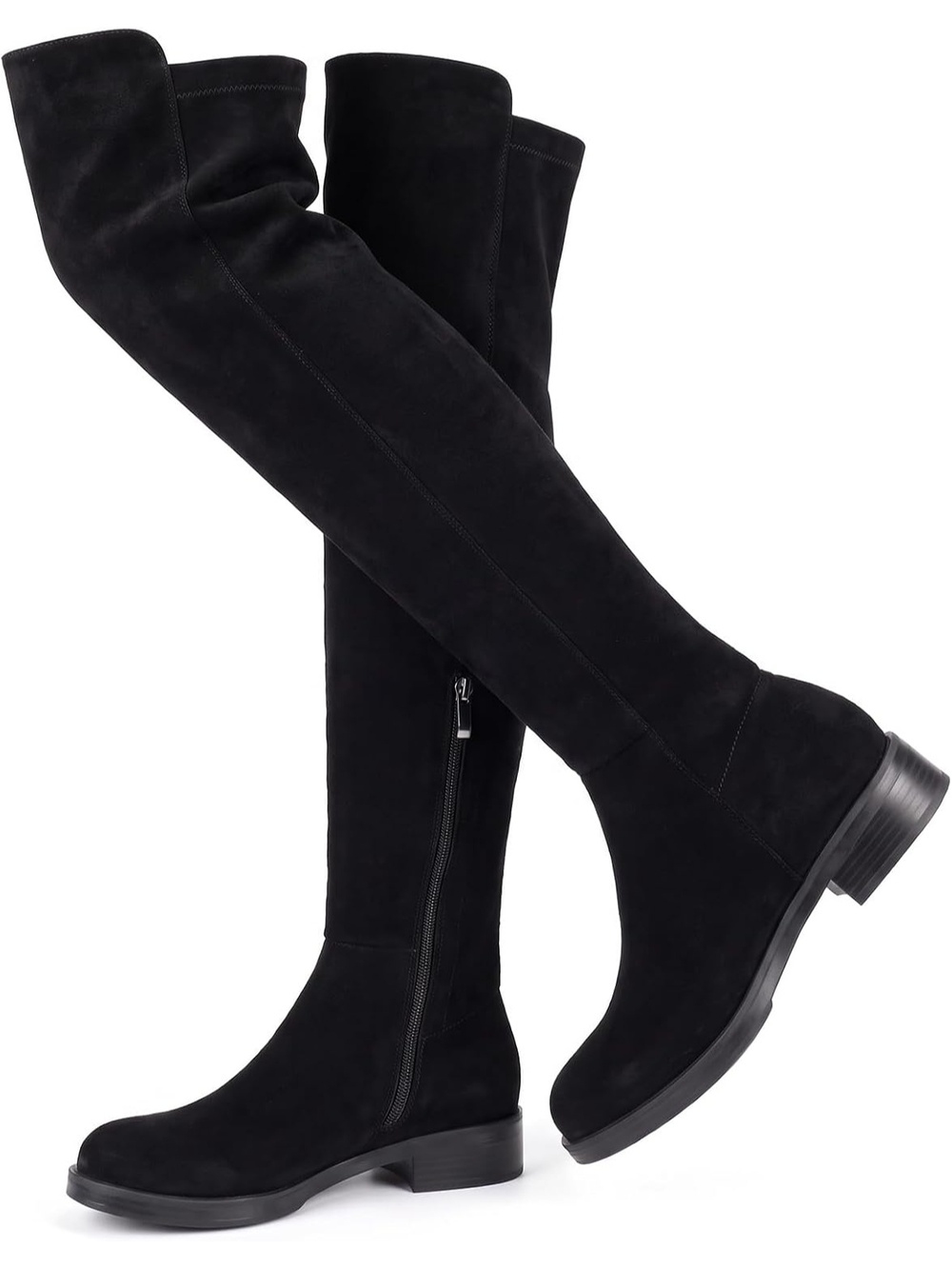 Women Black Suede Side Zip Flattering Over the Knee Block Heel Thigh High Boot